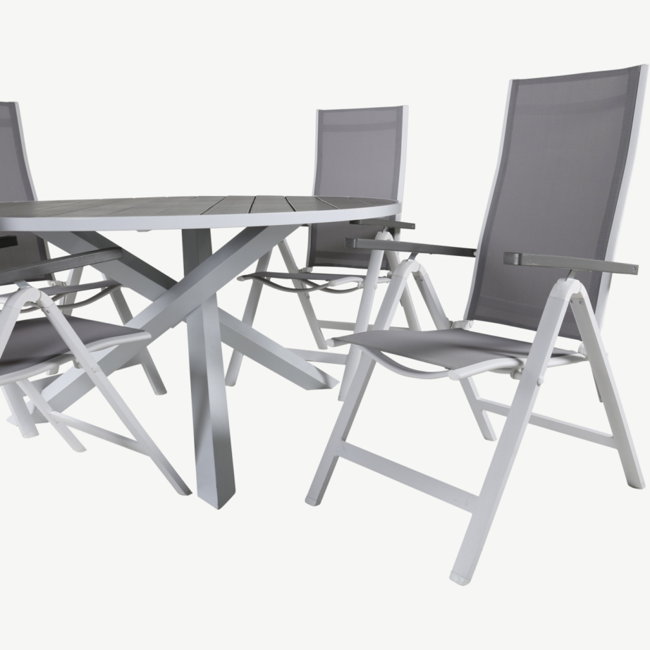 Parma ümmargune aiamööblikomplekt – valge alumiiniumraam, hall puitplastkomposiit, reguleeritavad toolid, GR21709 – 3