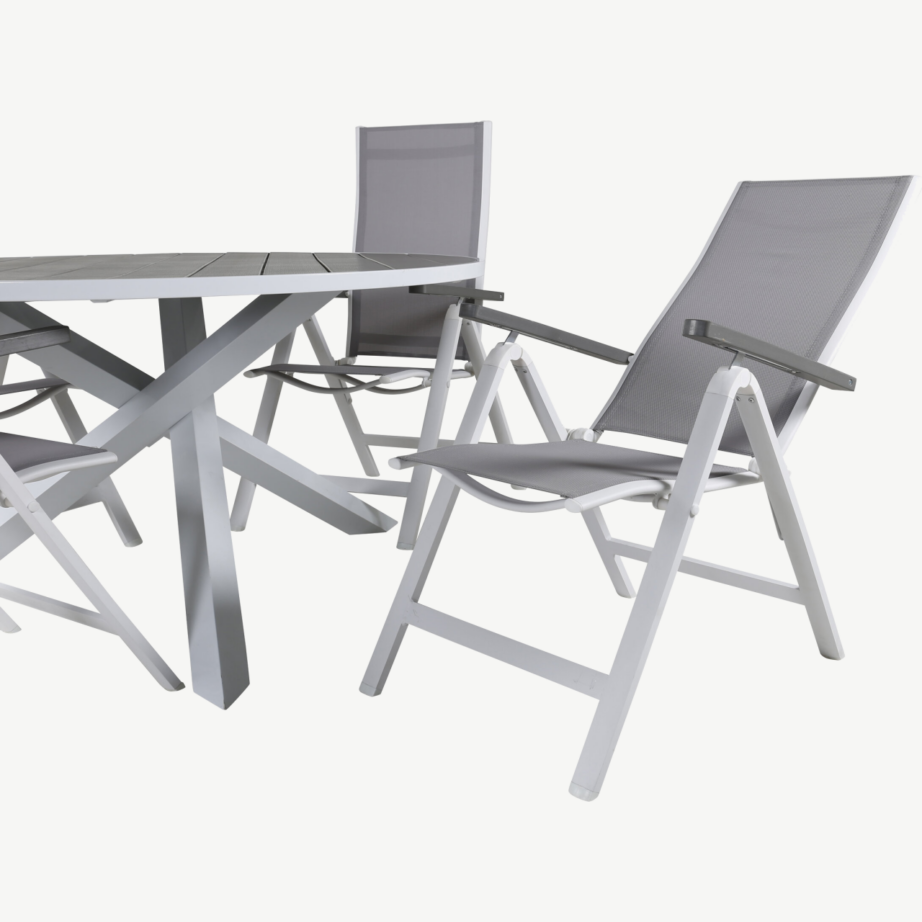 Parma ümmargune aiamööblikomplekt – valge alumiiniumraam, hall puitplastkomposiit, reguleeritavad toolid, GR21709 – 4