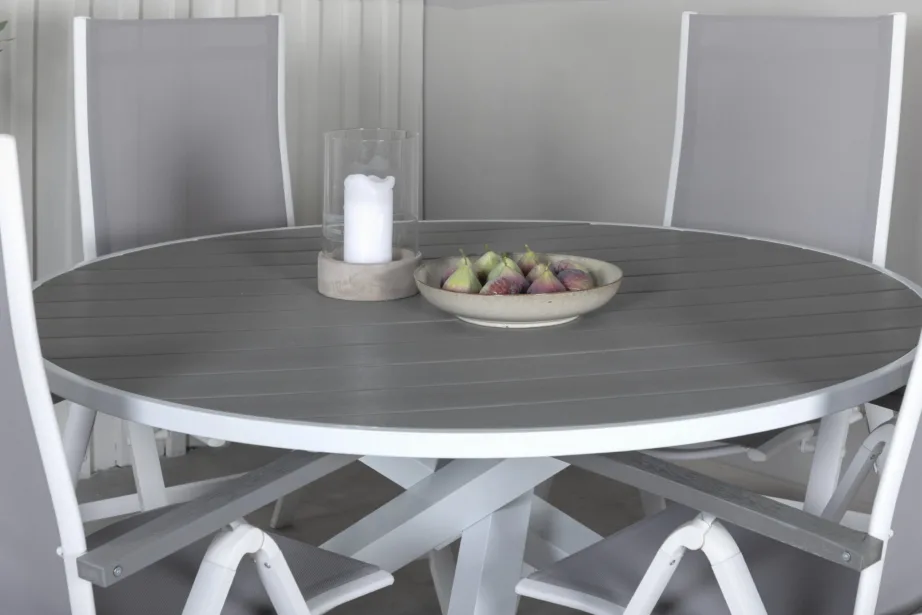 Parma ümmargune aiamööblikomplekt – valge alumiiniumraam, hall puitplastkomposiit, reguleeritavad toolid, GR21709 – 7