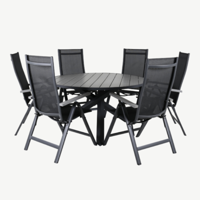 Ümmargune aiamööbli komplekt Parma (diameeter 140 cm, must Aintwood laud ja reguleeritavad musta Textilene kangaga toolid) - GR21720