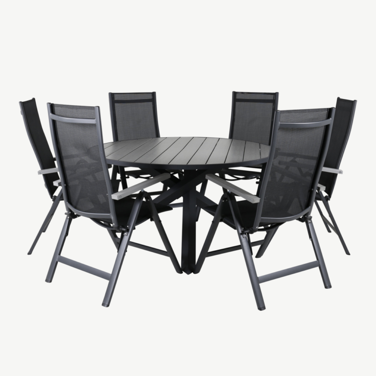 Ümmargune aiamööbli komplekt Parma (diameeter 140 cm, must Aintwood laud ja reguleeritavad musta Textilene kangaga toolid) - GR21720