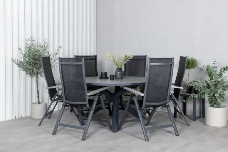 Ümmargune aiamööbli komplekt Parma (diameeter 140 cm, must Aintwood laud ja reguleeritavad musta Textilene kangaga toolid) - GR21720