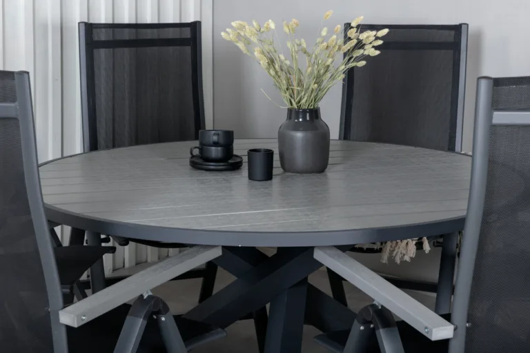 Ümmargune aiamööbli komplekt Parma (diameeter 140 cm, must Aintwood laud ja reguleeritavad musta Textilene kangaga toolid) - GR21720