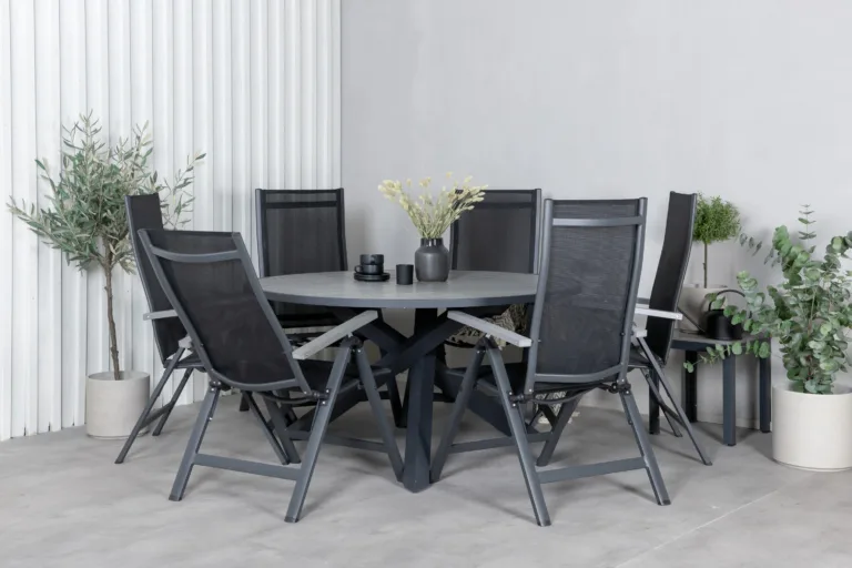 Ümmargune aiamööbli komplekt Parma (diameeter 140 cm, must Aintwood laud ja reguleeritavad musta Textilene kangaga toolid) - GR21720