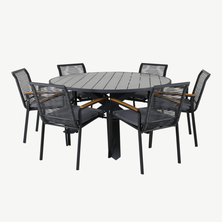 Ümmargune aiamööbli komplekt Parma (laud ø140cm, must alumiinium, hall Aintwood, 1 laud + 6 Dallas tooli) - GR21723