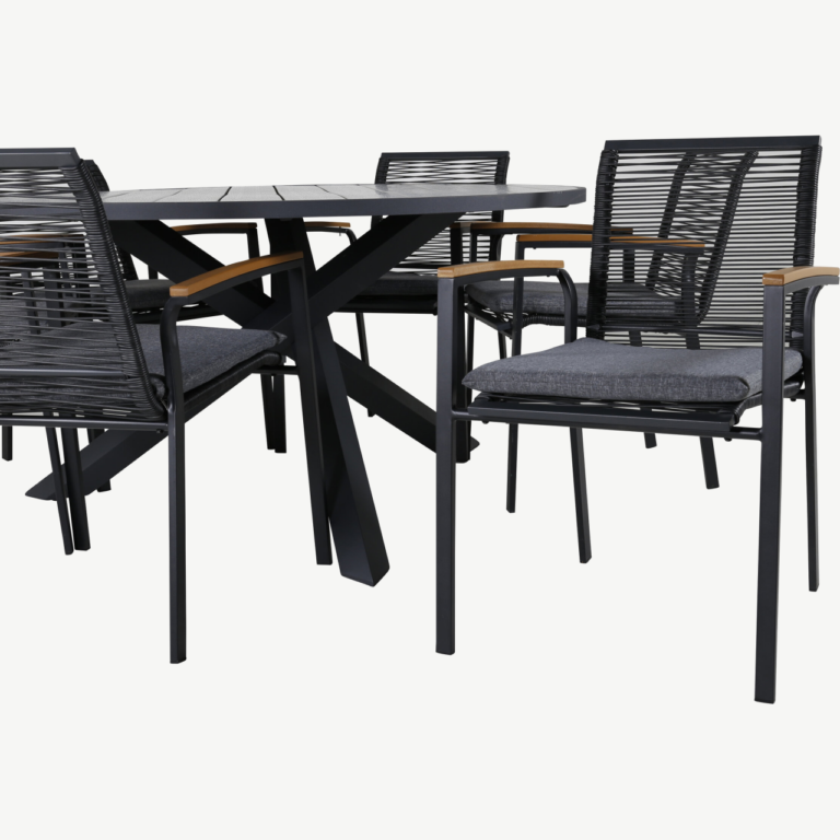 Ümmargune aiamööbli komplekt Parma (laud ø140cm, must alumiinium, hall Aintwood, 1 laud + 6 Dallas tooli) - GR21723