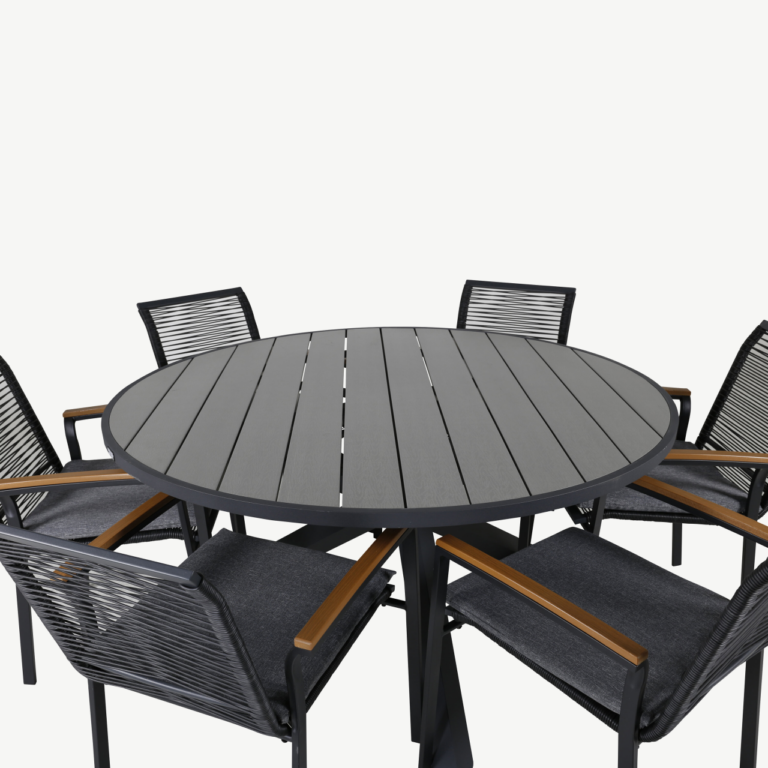 Ümmargune aiamööbli komplekt Parma (laud ø140cm, must alumiinium, hall Aintwood, 1 laud + 6 Dallas tooli) - GR21723