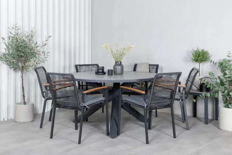 Ümmargune aiamööbli komplekt Parma (laud ø140cm, must alumiinium, hall Aintwood, 1 laud + 6 Dallas tooli) - GR21723