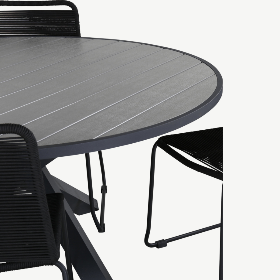 Parma ümmargune aiamööblikomplekt (puitplastkomposiidist laud, alumiiniumraam, must/hall, 4 tooli), GR21724 – 3