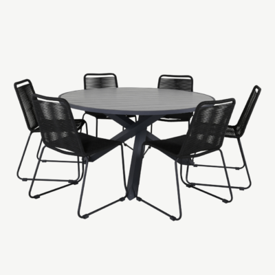 Ümmargune aiamööbli komplekt Parma (aintwood lauaplaat, mustad Lindos köitoolid, ø140 cm) - GR21725