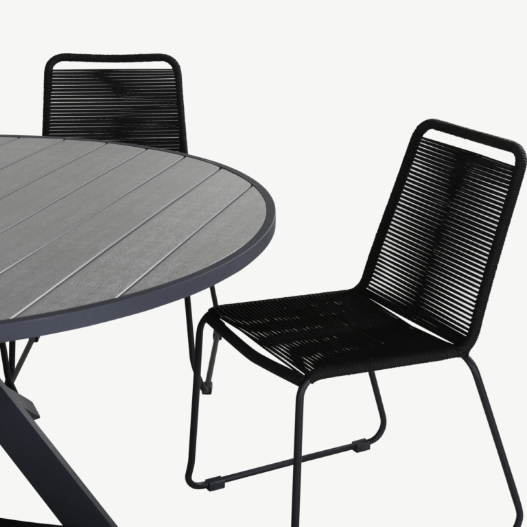 Ümmargune aiamööbli komplekt Parma (aintwood lauaplaat, mustad Lindos köitoolid, ø140 cm) - GR21725