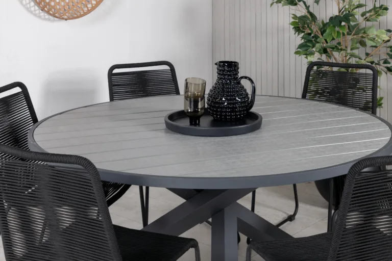 Ümmargune aiamööbli komplekt Parma (aintwood lauaplaat, mustad Lindos köitoolid, ø140 cm) - GR21725