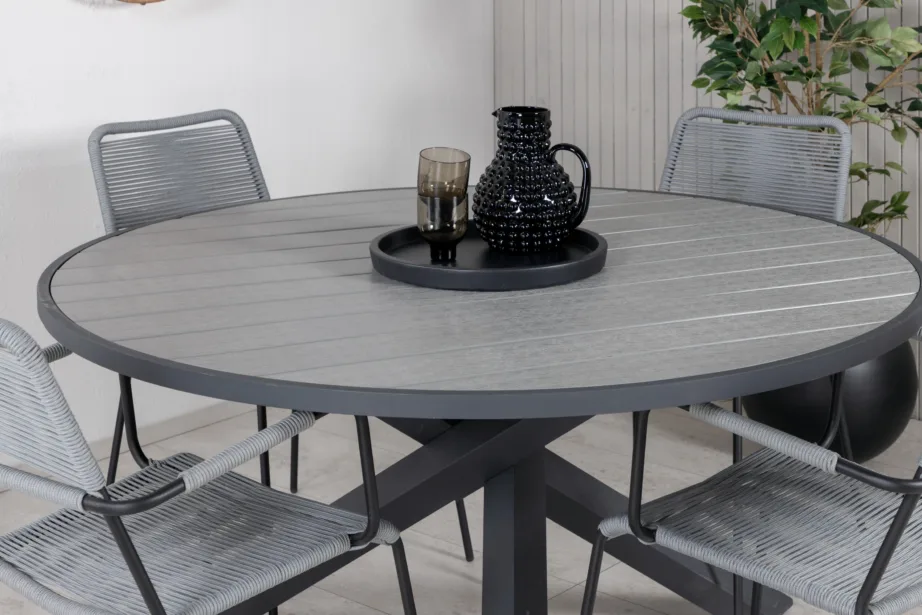 Ümmargune aiamööblikomplekt Parma – hallid Lindos punutud toolid ja puitplastkomposiidist lauaplaat, GR21726 – 6