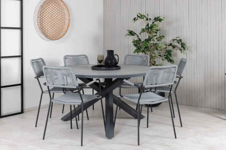 Ümmargune aiamööbli komplekt Parma (hall aintwood laud ø140 cm, must/hall köitest toolid) - GR21727