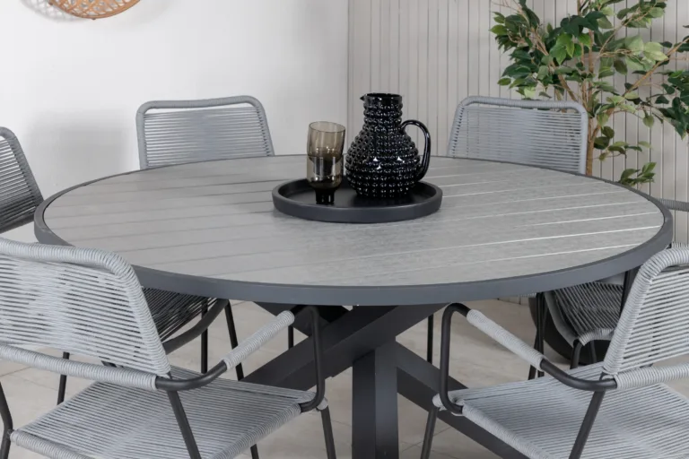 Ümmargune aiamööbli komplekt Parma (hall aintwood laud ø140 cm, must/hall köitest toolid) - GR21727