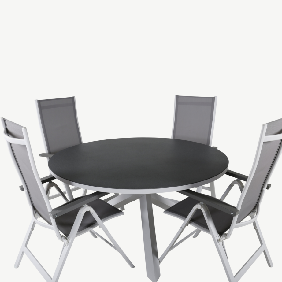 Ümmargune aiakomplekt Copacabana alumiiniumist, halli Spraystone lauaplaadiga, 4 kokkupandavat tooli, GR21729 – 4