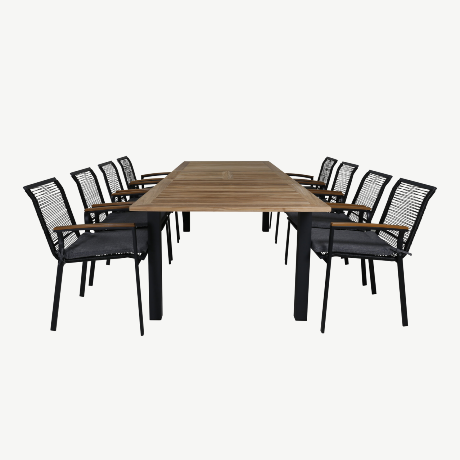 Pikendatav tiigipuust söögilaud ja 8 tooli Panama/Dallas (must alumiinium, aiamööbel), GR21753