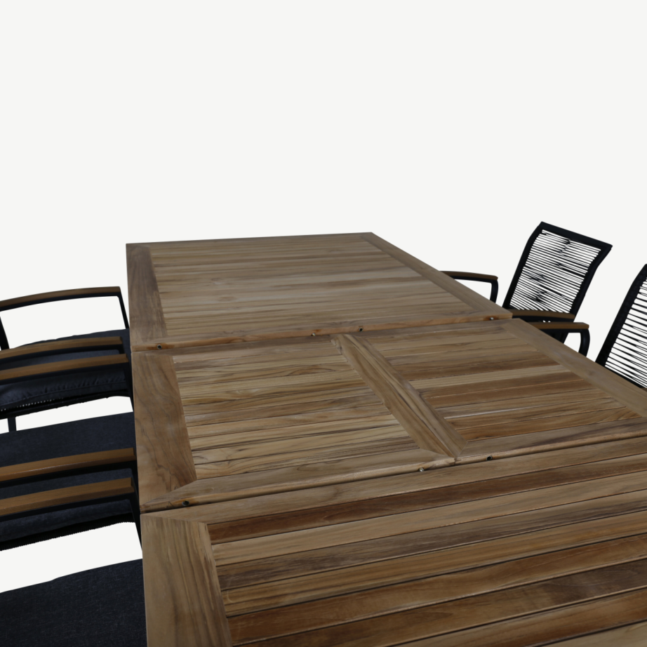 Pikendatav tiigipuust söögilaud ja 8 tooli Panama/Dallas (must alumiinium, aiamööbel), GR21753 – 5