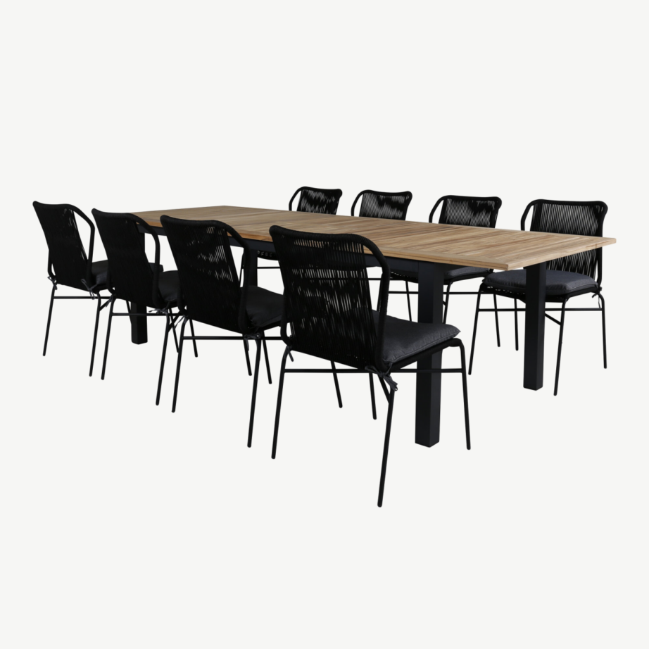 Pikendatav tiigipuust söögilaud Panama koos 8 musta köiest tooliga (õuekomplekt), GR21757 – 2