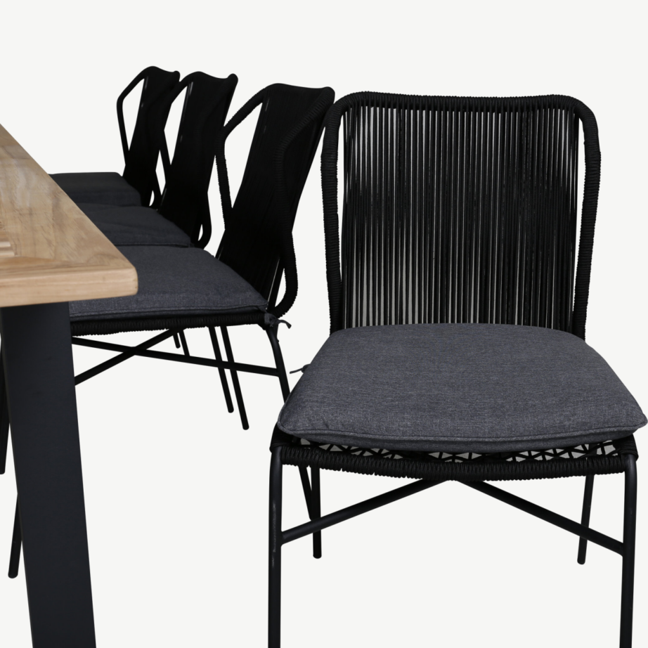 Pikendatav tiigipuust söögilaud Panama koos 8 musta köiest tooliga (õuekomplekt), GR21757 – 3