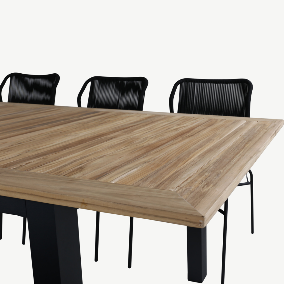 Pikendatav tiigipuust söögilaud Panama koos 8 musta köiest tooliga (õuekomplekt), GR21757 – 4