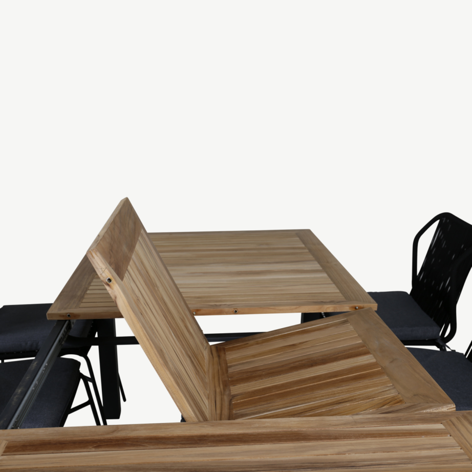 Pikendatav tiigipuust söögilaud Panama koos 8 musta köiest tooliga (õuekomplekt), GR21757 – 5