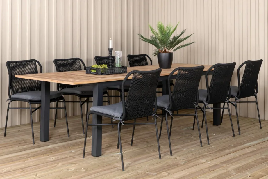 Pikendatav tiigipuust söögilaud Panama koos 8 musta köiest tooliga (õuekomplekt), GR21757 – 7