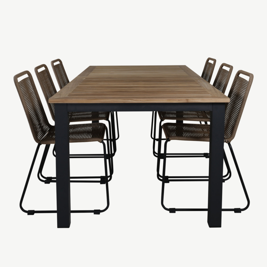 Laiendatav tiigipuust söögilaud Panama ja Lindos polüesterköiega toolid (aiakomplekt, must/alumiinium, 6 tooli), GR21760 – 2