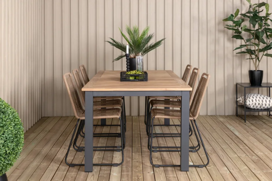 Laiendatav tiigipuust söögilaud Panama ja Lindos polüesterköiega toolid (aiakomplekt, must/alumiinium, 6 tooli), GR21760 – 5