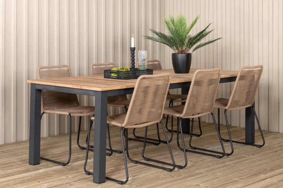 Laiendatav tiigipuust söögilaud Panama ja Lindos polüesterköiega toolid (aiakomplekt, must/alumiinium, 6 tooli), GR21760 – 6