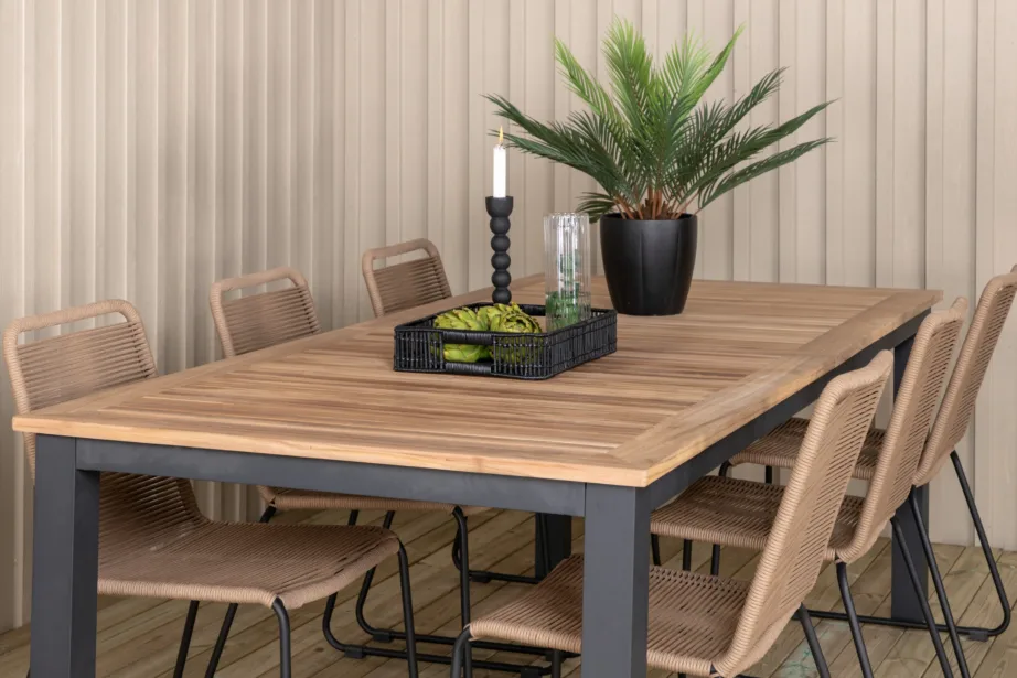 Laiendatav tiigipuust söögilaud Panama ja Lindos polüesterköiega toolid (aiakomplekt, must/alumiinium, 6 tooli), GR21760 – 7