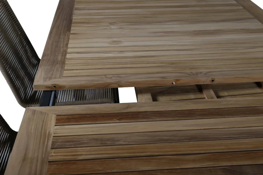 Laiendatav tiigipuust söögilaud Panama ja Lindos polüesterköiega toolid (aiakomplekt, must/alumiinium, 6 tooli), GR21760 – 9