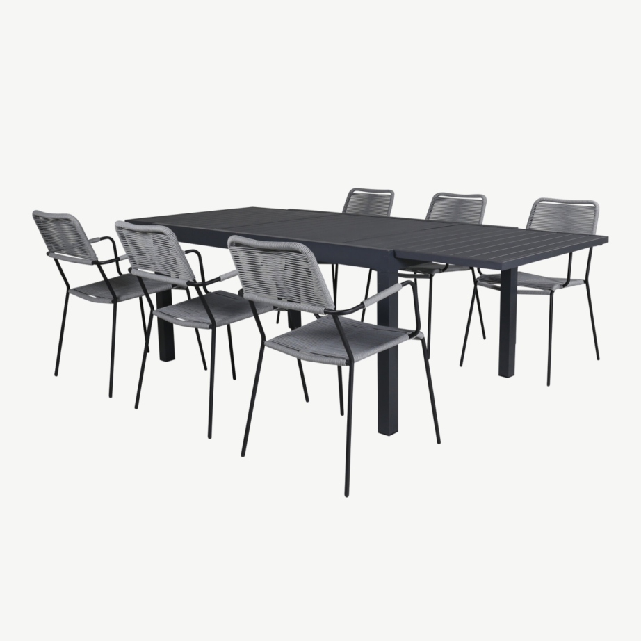 Pikendatav alumiiniumist aialaud koos Lindos köiega toolidega, must/hall – Marbella kollektsioon, GR21932 – 2