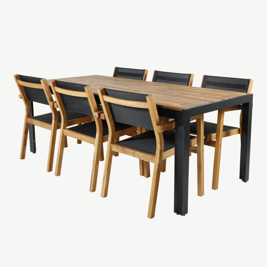 Bois aiamööbli komplekt: ristkülikukujuline akaatsiapuidust laud ja 6 Venice tooli (must, naturaalsed toonid), GR21937 – 2
