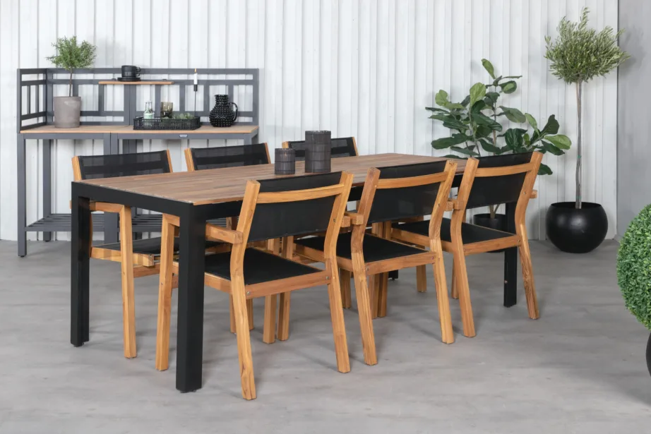 Bois aiamööbli komplekt: ristkülikukujuline akaatsiapuidust laud ja 6 Venice tooli (must, naturaalsed toonid), GR21937 – 6