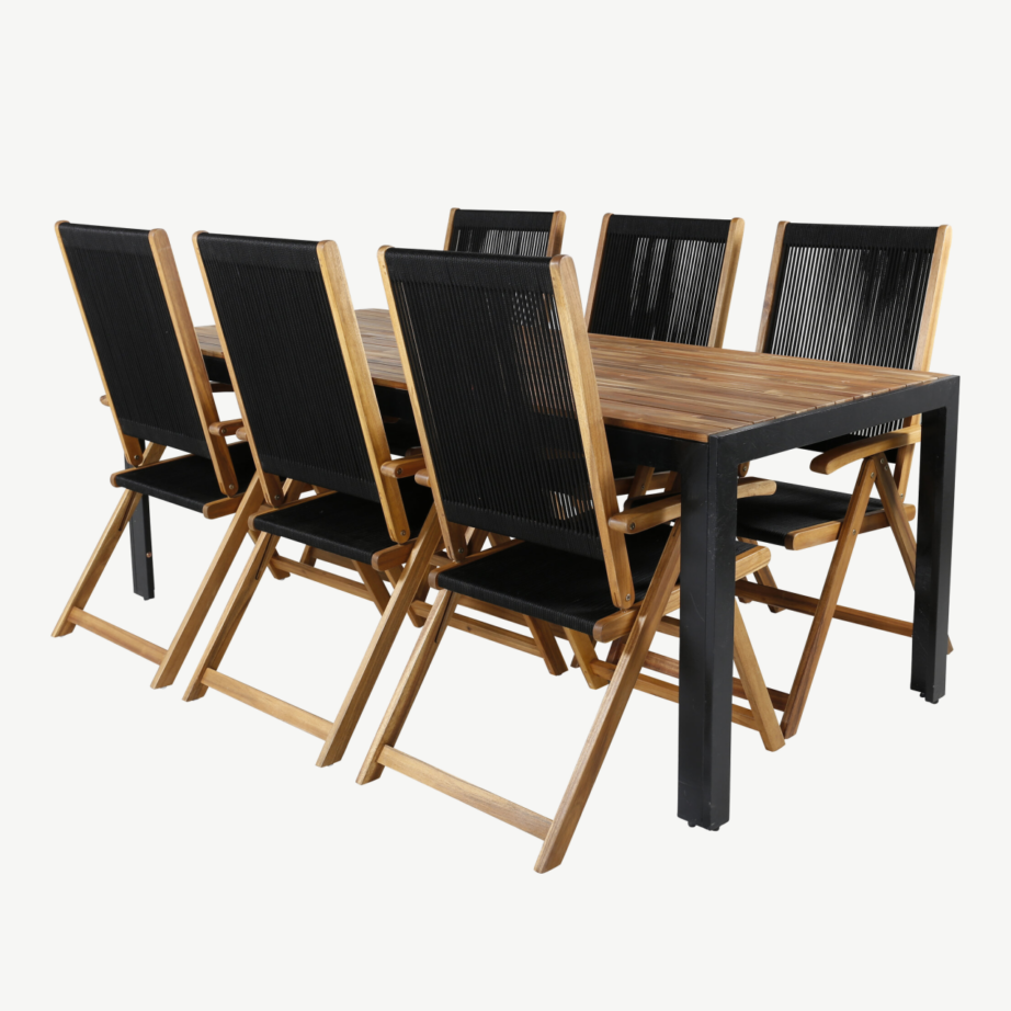 Aiamööblikomplekt Bois – akaatsiapuidust söögilaud ja 6 musta polüesterköiega kokkupandavat tooli, GR21940 – 2