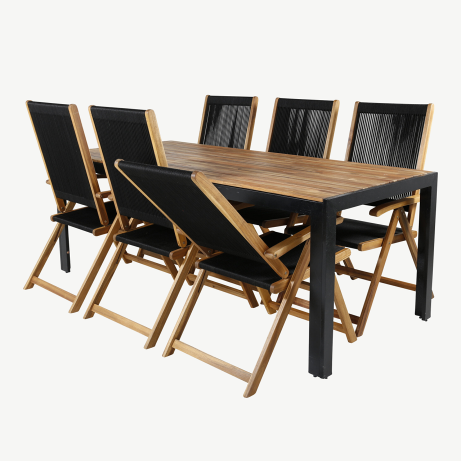 Aiamööblikomplekt Bois – akaatsiapuidust söögilaud ja 6 musta polüesterköiega kokkupandavat tooli, GR21940 – 3