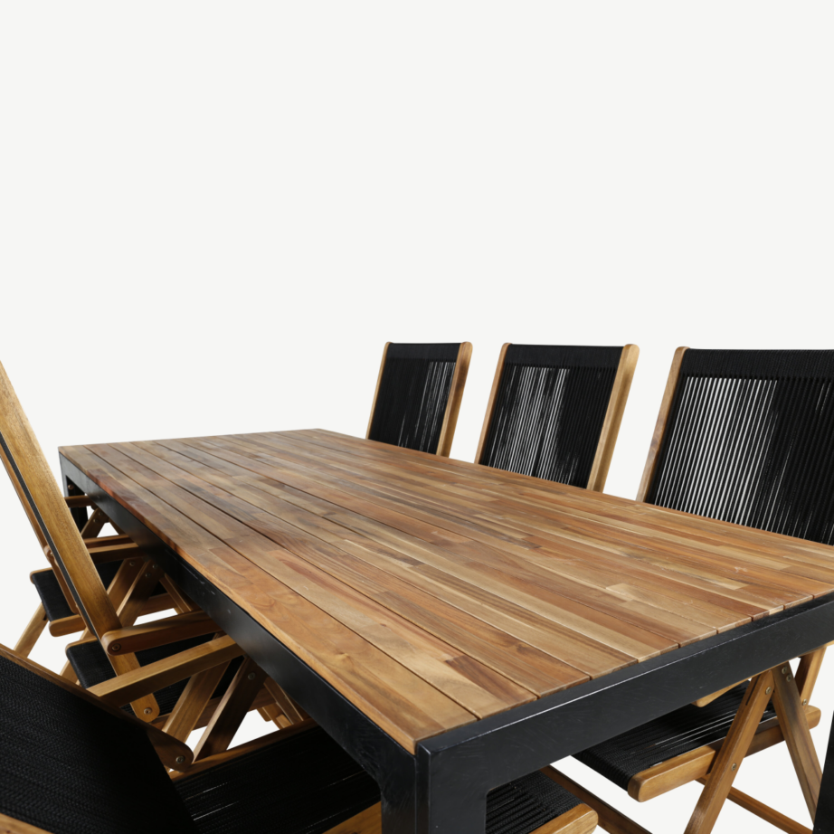 Aiamööblikomplekt Bois – akaatsiapuidust söögilaud ja 6 musta polüesterköiega kokkupandavat tooli, GR21940 – 4