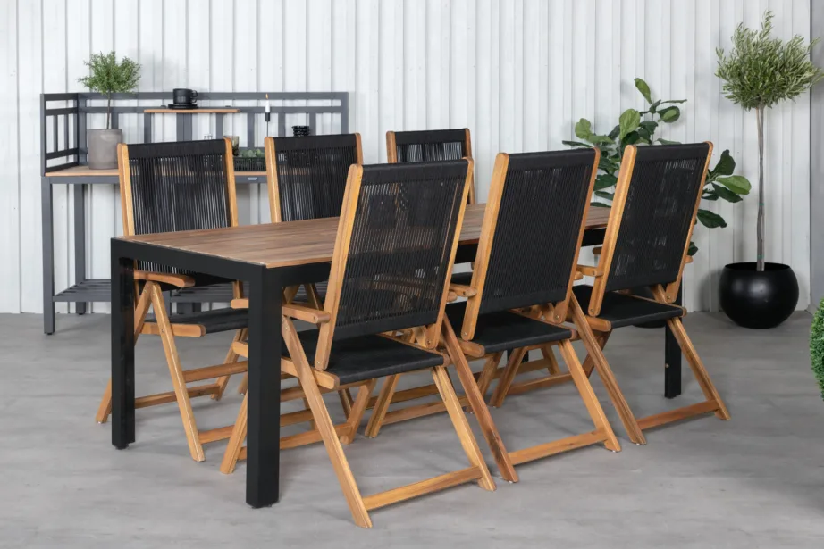 Aiamööblikomplekt Bois – akaatsiapuidust söögilaud ja 6 musta polüesterköiega kokkupandavat tooli, GR21940 – 7