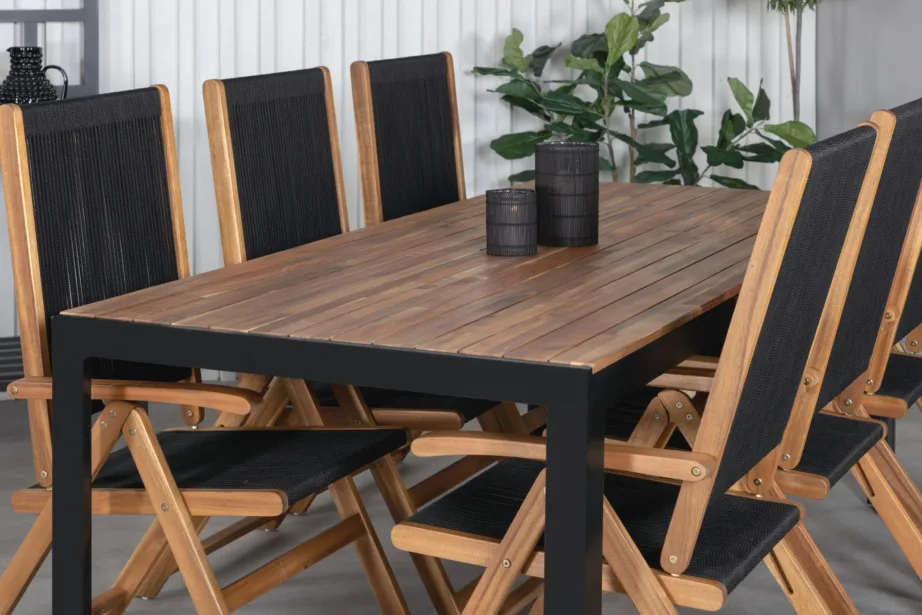 Aiamööblikomplekt Bois – akaatsiapuidust söögilaud ja 6 musta polüesterköiega kokkupandavat tooli, GR21940 – 9