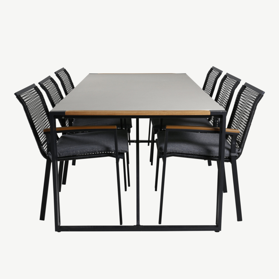 Texas aiamööbli söögilaud (200x100cm) koos Dallas punutud söögitoolidega, klaaspind ja tiigipuu detailid, GR21950 – 2