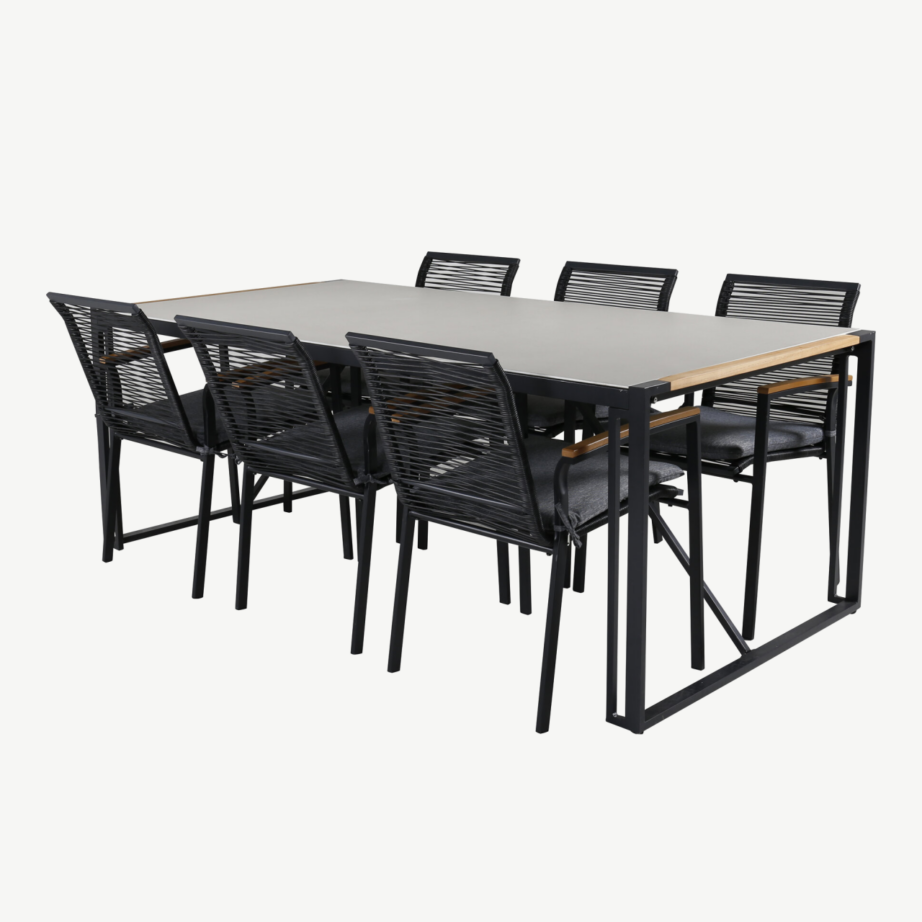 Texas aiamööbli söögilaud (200x100cm) koos Dallas punutud söögitoolidega, klaaspind ja tiigipuu detailid, GR21950