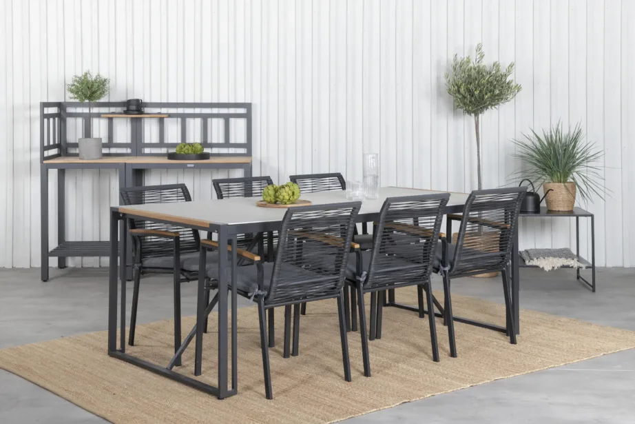 Texas aiamööbli söögilaud (200x100cm) koos Dallas punutud söögitoolidega, klaaspind ja tiigipuu detailid, GR21950 – 5