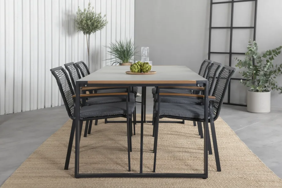 Texas aiamööbli söögilaud (200x100cm) koos Dallas punutud söögitoolidega, klaaspind ja tiigipuu detailid, GR21950 – 6