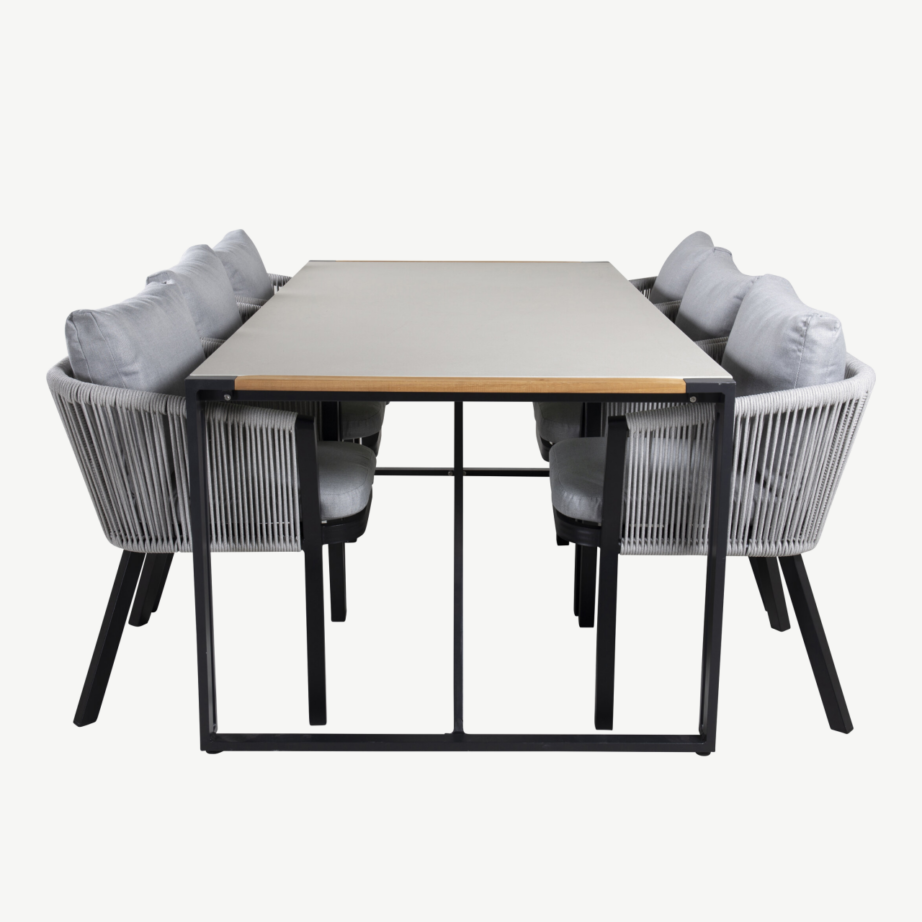 Texas ristkülikukujuline aiamööbli komplekt (klaasist tiigipuu lauaplaat ja 6 halli köiest tooli patjadega), GR21957 – 2