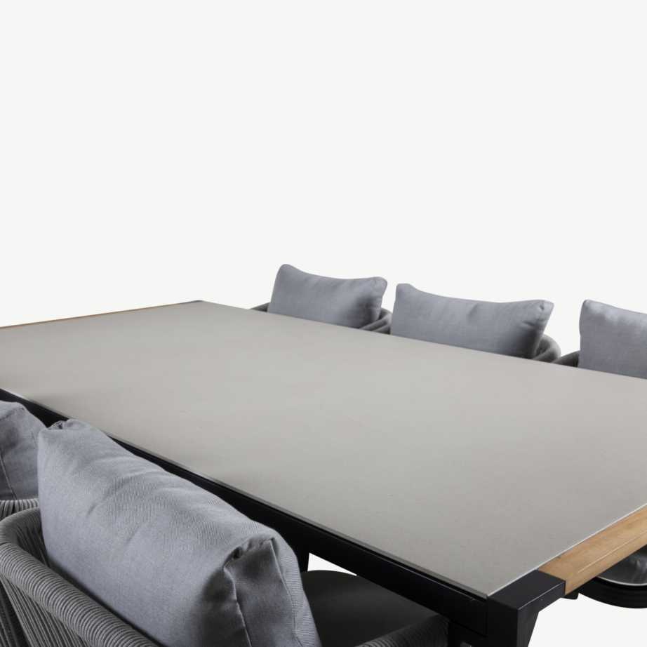 Texas ristkülikukujuline aiamööbli komplekt (klaasist tiigipuu lauaplaat ja 6 halli köiest tooli patjadega), GR21957 – 3