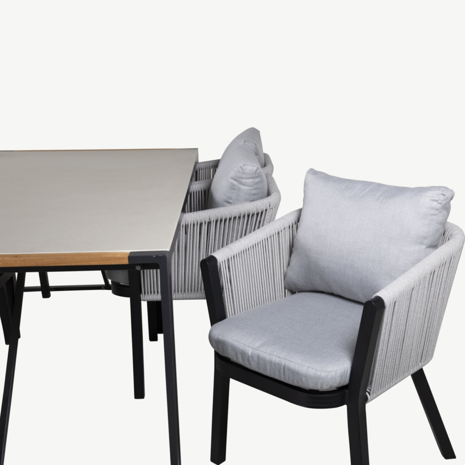 Texas ristkülikukujuline aiamööbli komplekt (klaasist tiigipuu lauaplaat ja 6 halli köiest tooli patjadega), GR21957 – 4