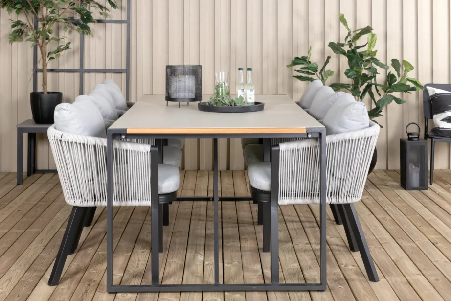 Texas ristkülikukujuline aiamööbli komplekt (klaasist tiigipuu lauaplaat ja 6 halli köiest tooli patjadega), GR21957 – 5