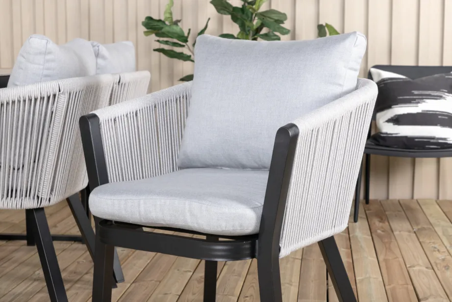 Texas ristkülikukujuline aiamööbli komplekt (klaasist tiigipuu lauaplaat ja 6 halli köiest tooli patjadega), GR21957 – 7