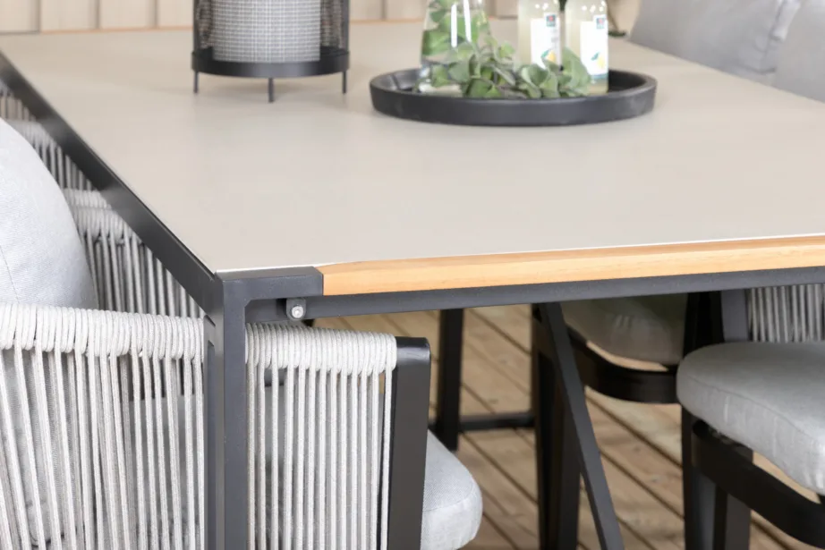 Texas ristkülikukujuline aiamööbli komplekt (klaasist tiigipuu lauaplaat ja 6 halli köiest tooli patjadega), GR21957 – 8